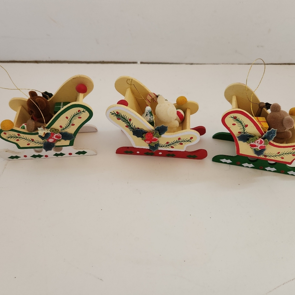 Lot of 3 vtg  Bears In Sleigh Mini Ornaments Christmas Around the World Boxed
